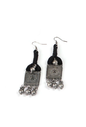 Black Thread & Square Motif German Silver Earrings